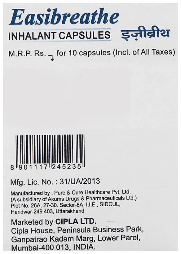 Easi Breathe Inhalant Capsules | For Blocked Nose, Cold Relief, Congestion, Heaviness in Head