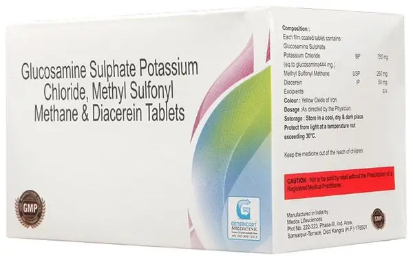 Genericart Diacerein+Glucosamine Sulfate Potassium Chloride+Methyl Sulfonyl Methane 50mg/750mg/250mg Tablet