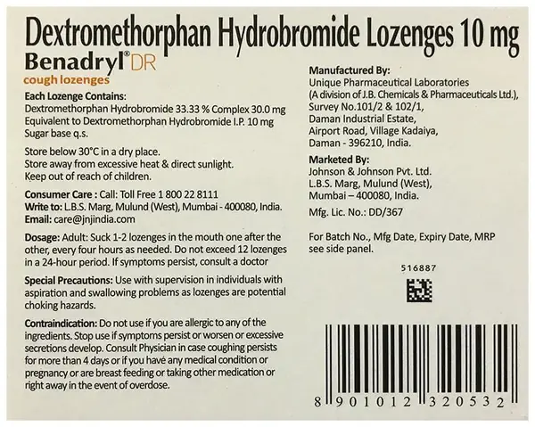 New Benadryl DR Cough Lozenges Honey+Lemon